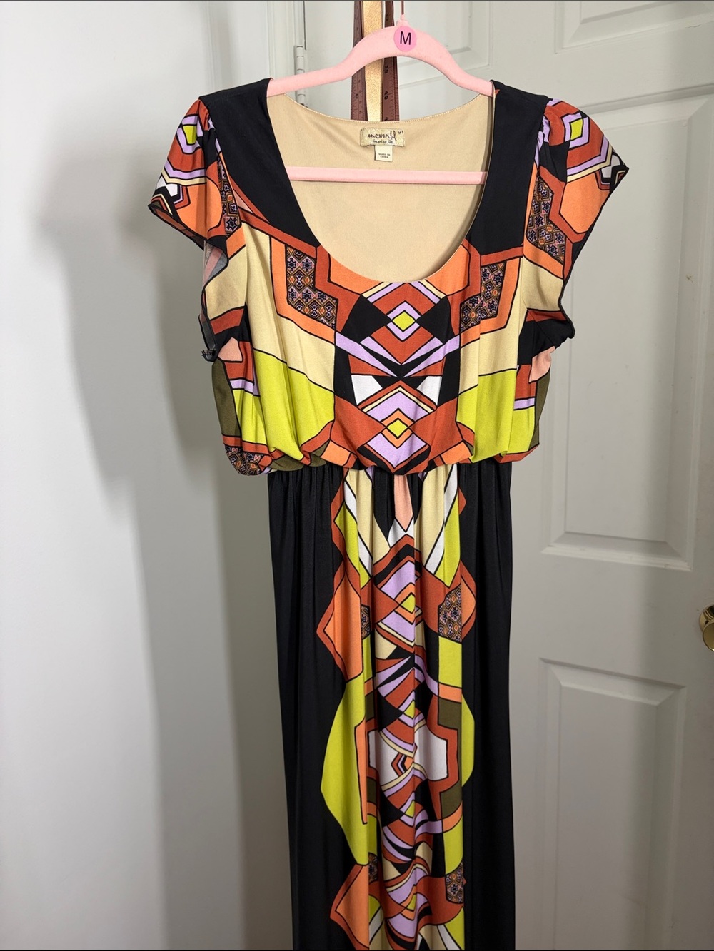 One World Geometric Scoop Neck Maxi Dress - Black, Orange, Yellow, Pink